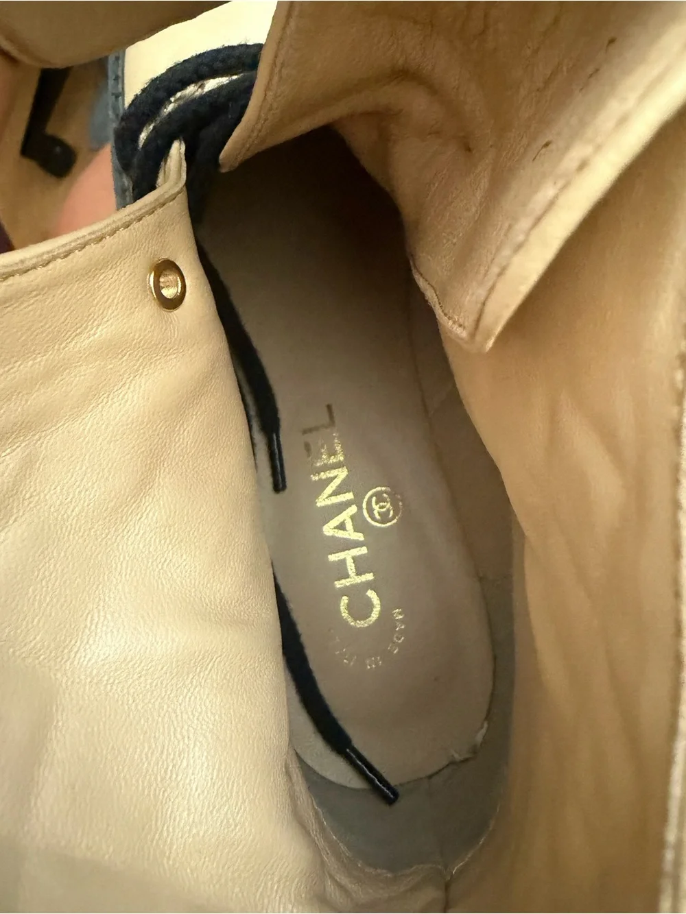 CHANEL Beige Quilted Lace-Up Ankle Boots with Black Cap Toe